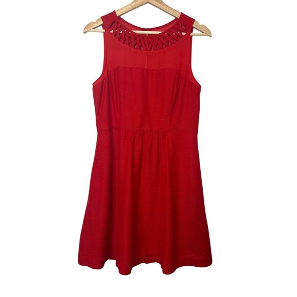 Anthropologie Maeve Lattice Neck Dress Red Size 10 Petite Fit Flare Zipper - Picture 2 of 14